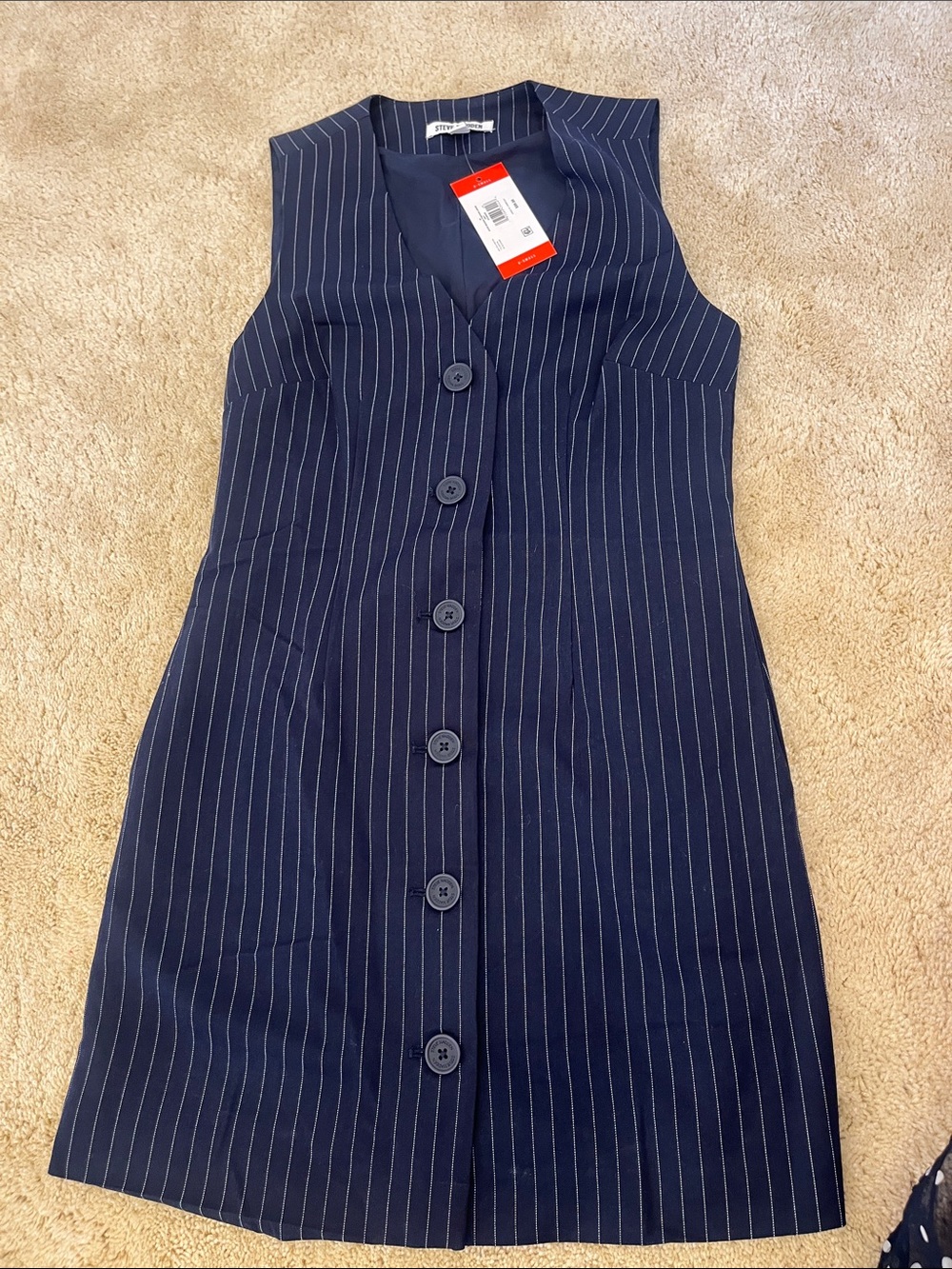 Navy Pinstripe Button-Front Sleeveless Dress